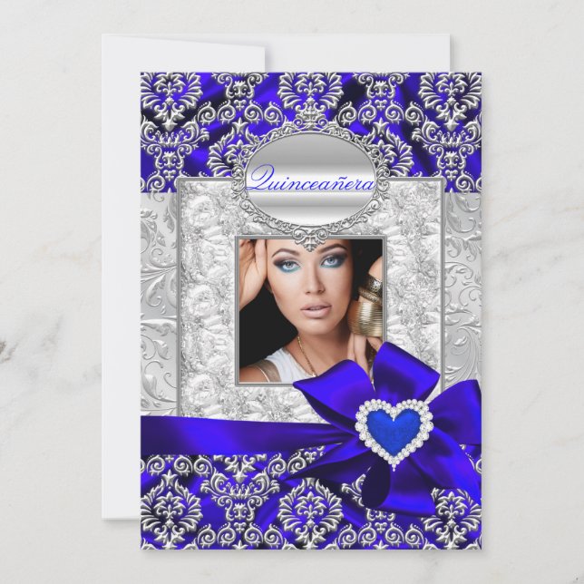Invitation Annonces de Quinceanera Blue & Silver Damask (Devant)
