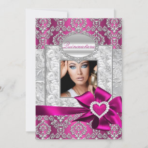Invitation Annonces de Quinceanera Pink & Silver Damask