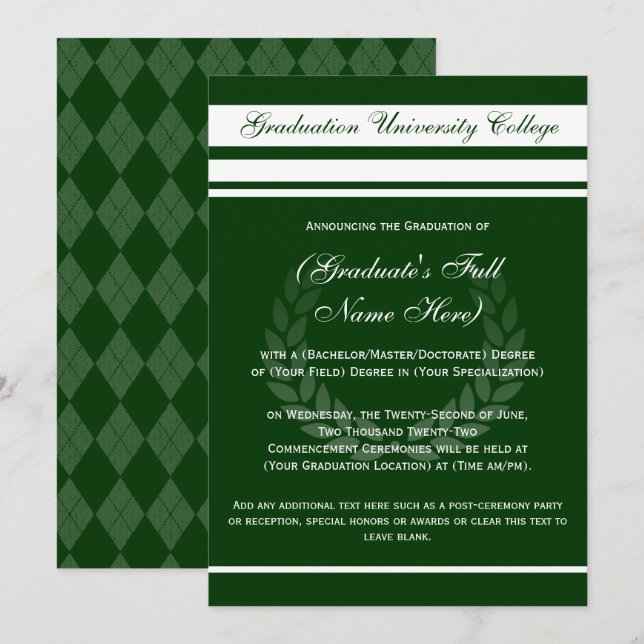 Invitation Annonces formelles de diplômes du Collège (Vert) (Devant / Derrière)