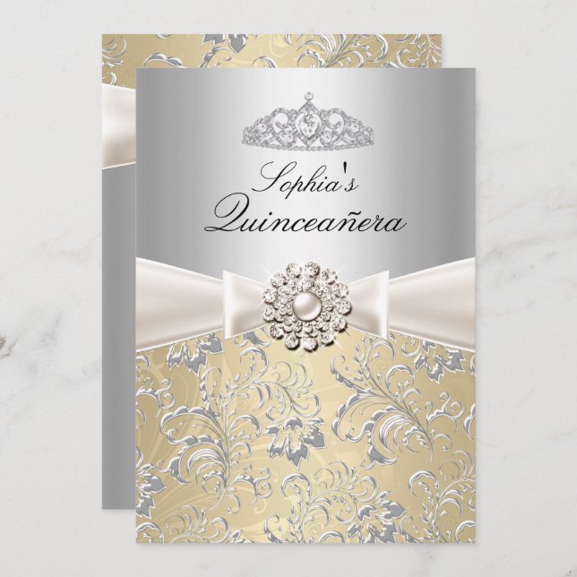 Invitation Annonces Silver Swirl Tiara Quinceanera (Devant / Derrière)