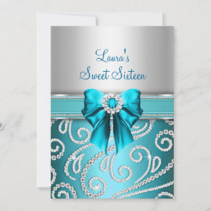 Invitation Annonces Sweet 16 Bleu Bow & Sparkle Diamond