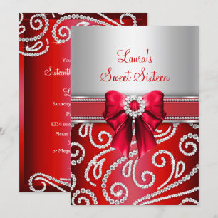 Invitation Annonces Sweet 16 Rouge Ruban & Diamant Étincelant