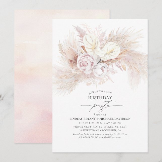 Invitation Anthurium blanc et Pampas Grass fête d'anniversair (Devant / Derrière)