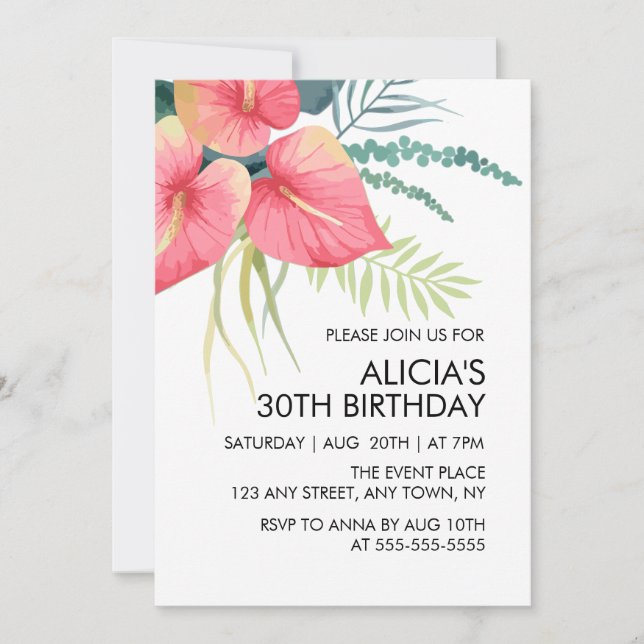 Invitation Anthurium rose de la Flore tropicale et Monstera A (Devant)