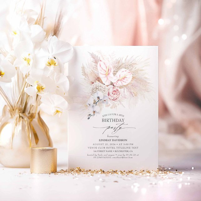 Invitation Anthurium rose et Pampas Grass fête d'anniversaire (White Orchids Boho Pink Birthday Invitations)