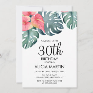 Invitation Anthurium Tropical d'été et Monstera Anniversaire