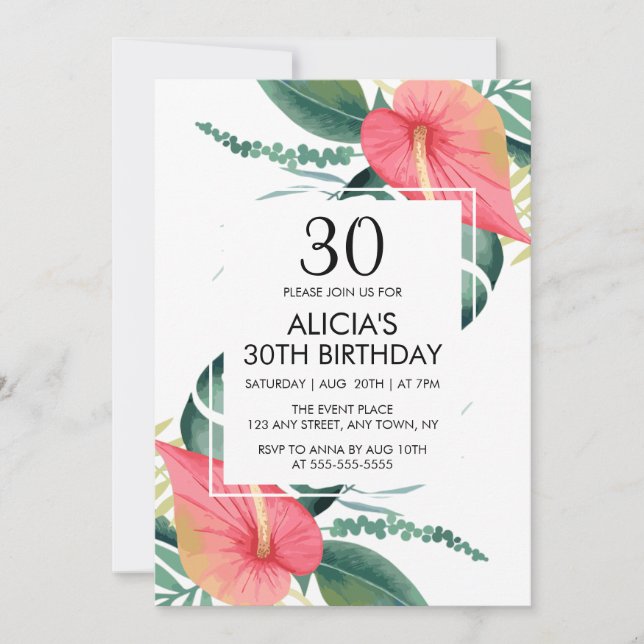 Invitation Anthurium Tropical Elégant & Monstera Anniversaire (Devant)
