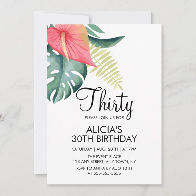 Invitation Anthurium tropical & Monstera Aquarelle Anniversai (Devant)