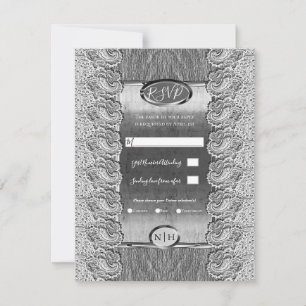 Invitation Antique Blanc dentelle gris bois Mariage d'argent
