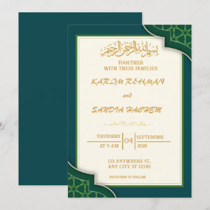 Invitation Antique cadre or Emerald Green Mariage islamique