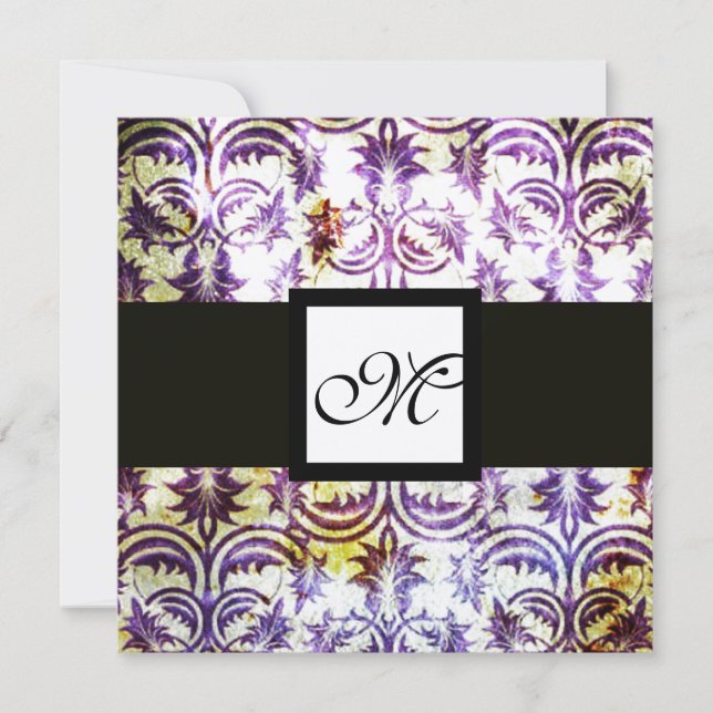 Invitation ANTIQUE DAMASK MONOGRAM, Champagne violet blanc (Devant)