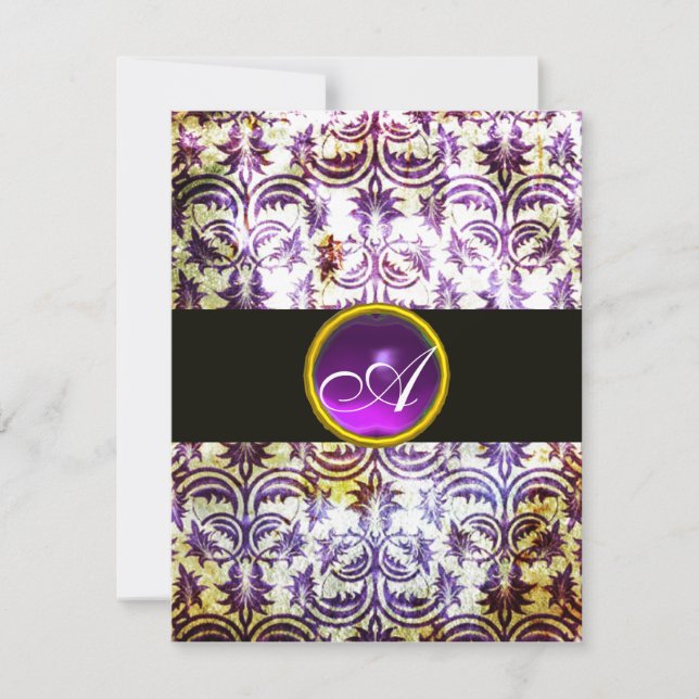 Invitation ANTIQUE DAMASK MONOGRAM, violet noir, blanc (Devant)