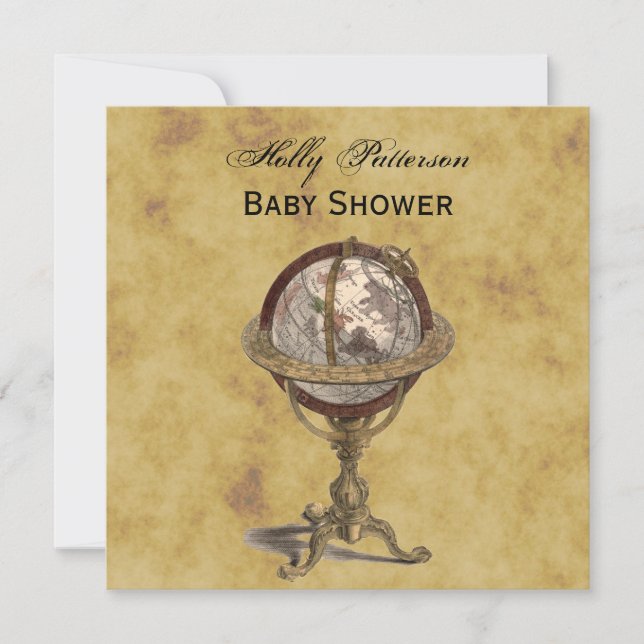 Invitation Antique Globe, Baby shower SQ BG en détresse (Devant)