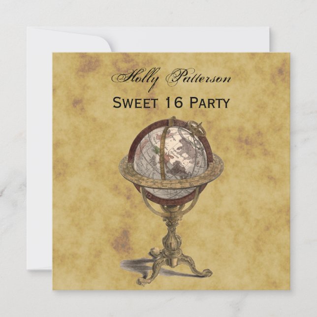 Invitation Antique Globe, Distressed BG SQ Sweet 16 (Devant)