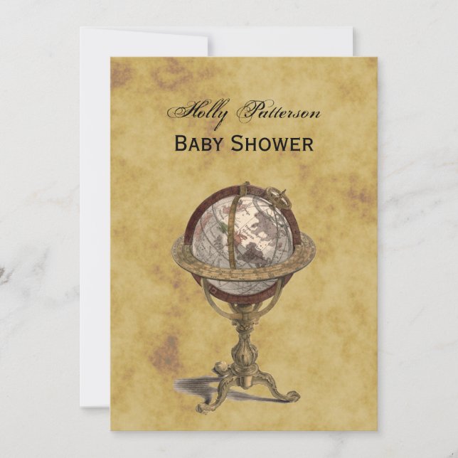 Invitation Antique Globe, Distressed BG V Baby shower (Devant)