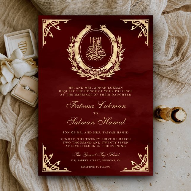 Invitation Antique Gold Crest Bourgogne Rouge Mariage musulma (Créateur téléchargé)