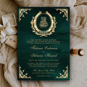 Invitation Antique Gold Crest Emerald Green Mariage musulman