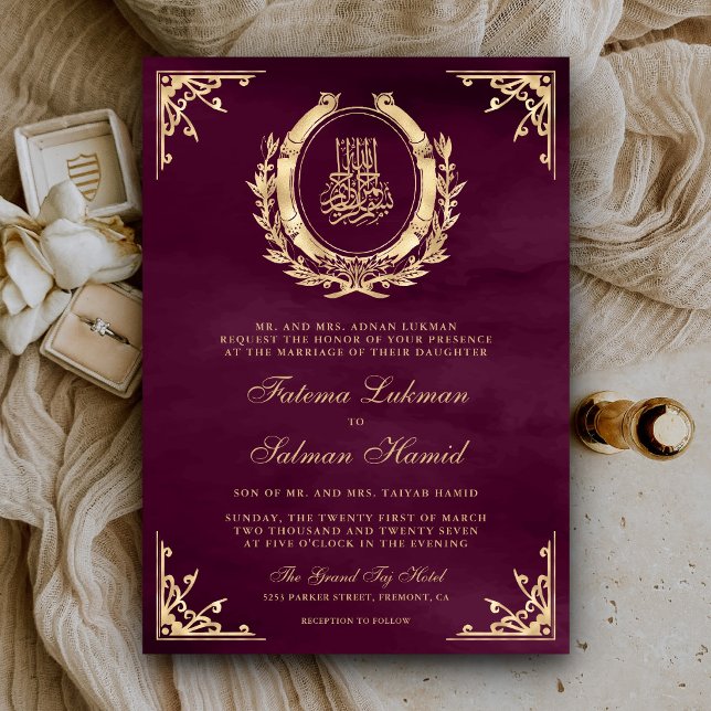 Invitation Antique Gold Crest Plum violet Mariage musulman (Créateur téléchargé)