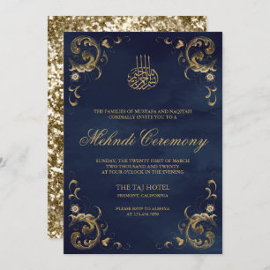 Invitation Antique Gold Frame Marine Bleu Islam Mehndi