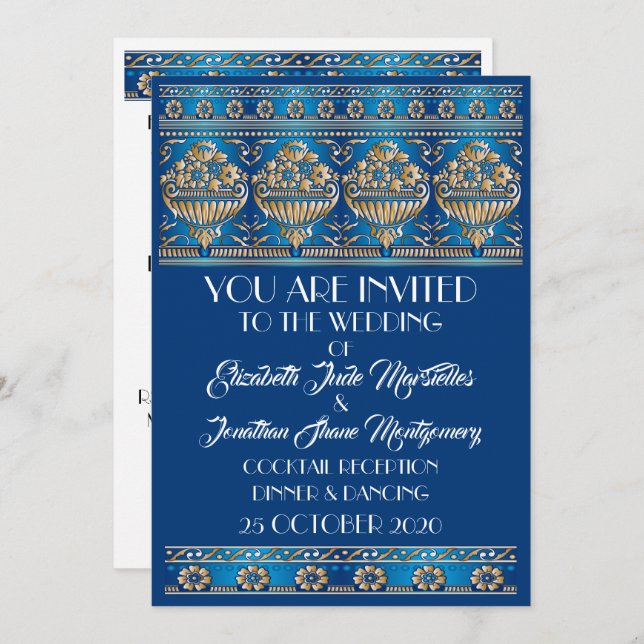 Invitation Antique Gold Lovely Blue Mariage - Événement offic (Devant / Derrière)