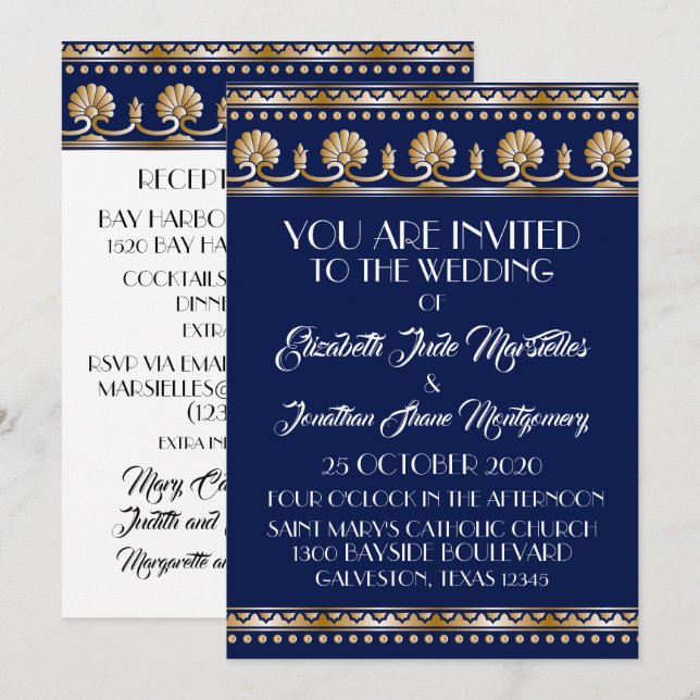 Invitation Antique Gold Lovely Blue Mariage - Événement offic (Devant / Derrière)