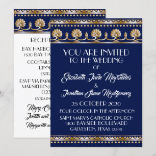 Invitation Antique Gold Lovely Blue Mariage - Événement offic