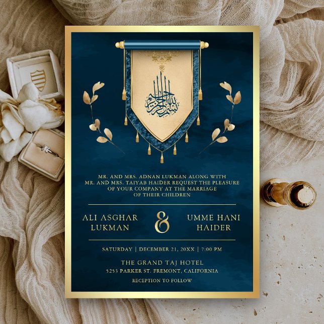 Invitation Antique Ocean Blue Gold Scroll Mariage musulman (Créateur téléchargé)