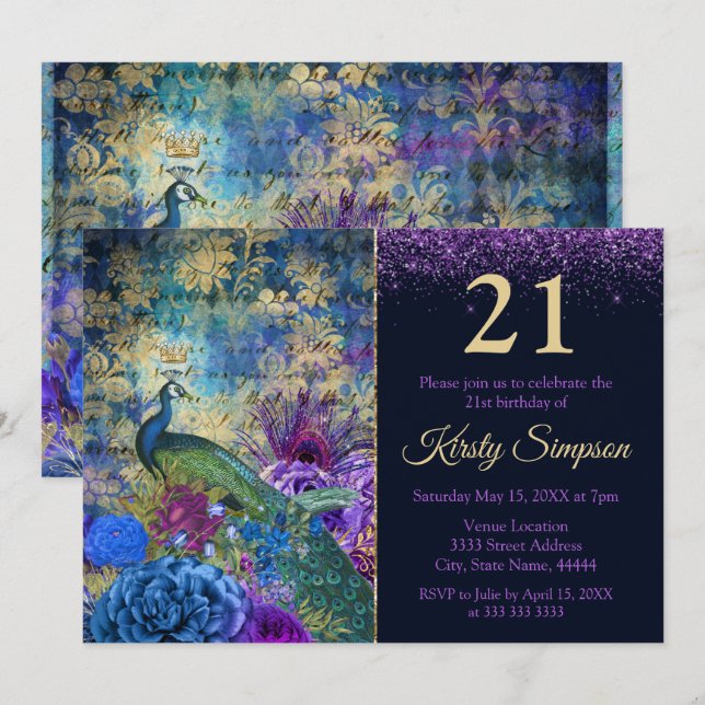 Invitation Antique Peacock & Fleurs Illustré Anniversaire (Devant / Derrière)