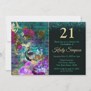 Invitation Antique Peacock & Fleurs Illustré Anniversaire