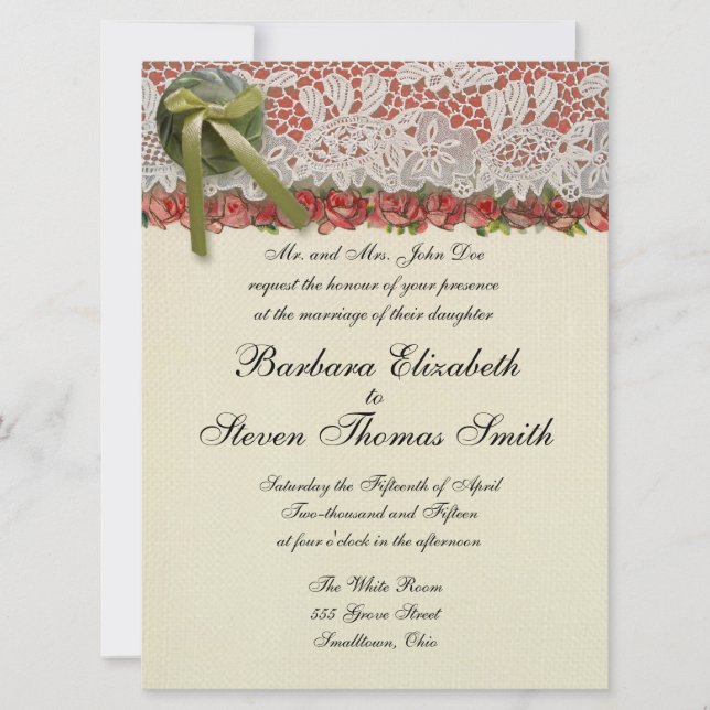 Invitation Antique Rose dentelle Rustique Rouge Victorien Bur (Devant)