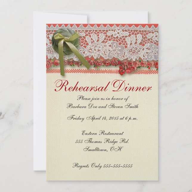 Invitation Antique Rose dentelle Rustique Rouge Victorien Bur (Devant)