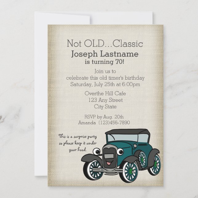 Invitation Antique voiture et Burlap Anniversaire Vintage (Devant)