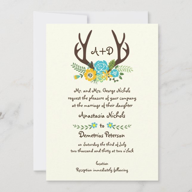 Invitation Antlers et fleurs d'aqua monogramme mariage boisé (Devant)