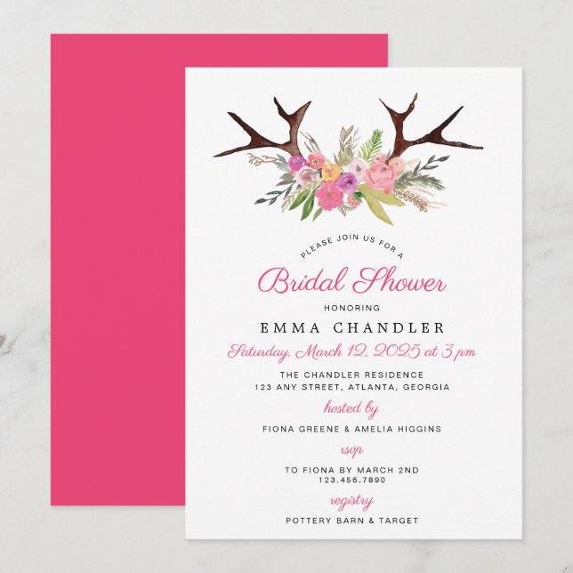 Invitation Antlers et Fleurs Fête des mariées rustique (Devant / Derrière)