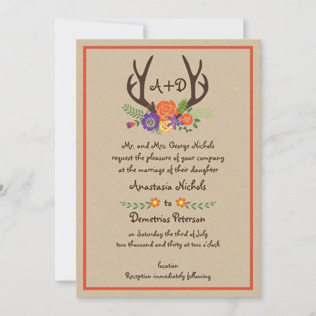 Invitation Antlers et fleurs monogramme kraft papier mariage (Devant)