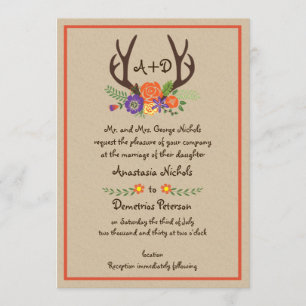 Invitation Antlers et fleurs monogramme kraft papier mariage
