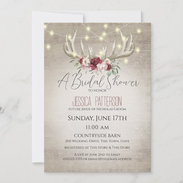Invitation Antlers et Lumières Fête des mariées florale (Devant)