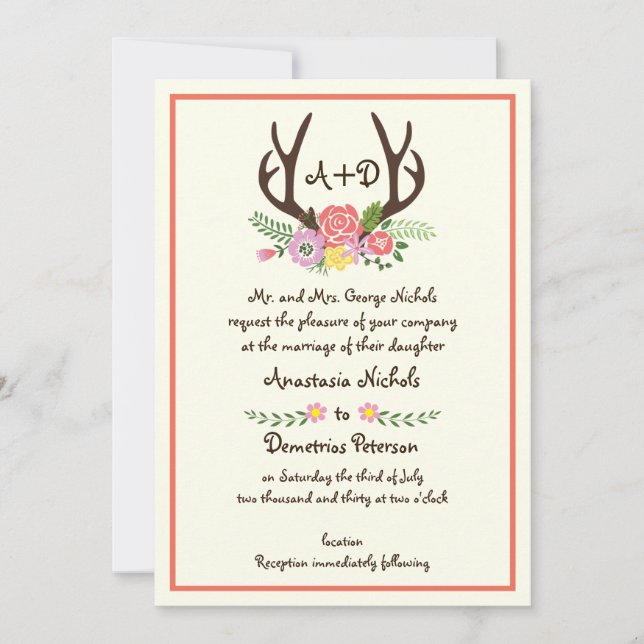 Invitation Antlers & fleurs de corail monogramme mariage bois (Devant)