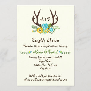 Invitation Antlers & fleurs monogramme mariage couples douche