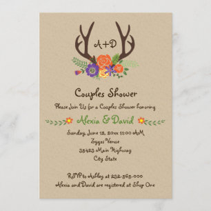 Invitation Antlers & fleurs monogramme mariage couples douche