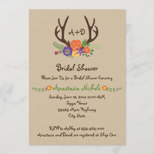 Invitation Antlers & fleurs monogramme mariage douche nuptial