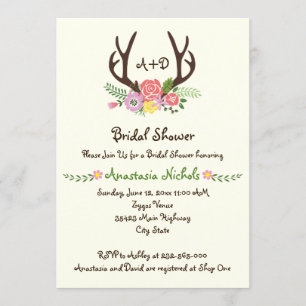 Invitation Antlers & fleurs monogramme mariage douche nuptial