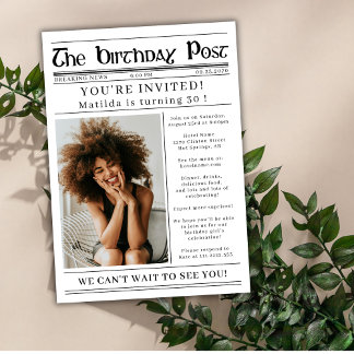 Invitation Any Age Birthday Newspaper Custom Photo 