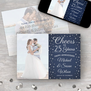 Invitation ANY Anniversaire 2 Photo Toasts Fête Navy & Blanc