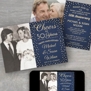 Invitation ANY Anniversary 2 Photo Cheers Navy and Gold Party