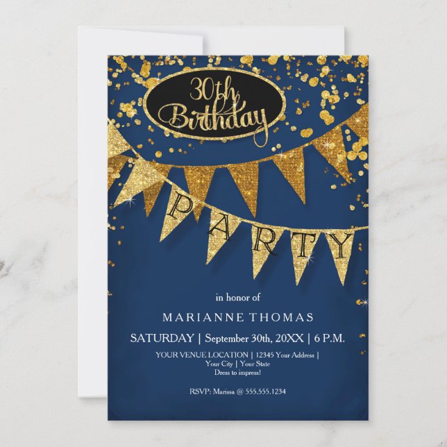 Invitation Any Birthday Navy Blue Pennant Banner Confetti (Devant)