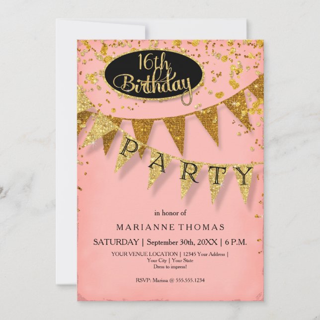Invitation Any Birthday Pink and Gold Pennant Banner Confetti (Devant)