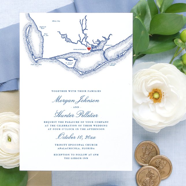 Invitation Apalachicola FL Map Elegant Mariage de la marine (Apalachicola Wedding Invitation with Elegant navy blue Florida map from Coastal Map Designs)