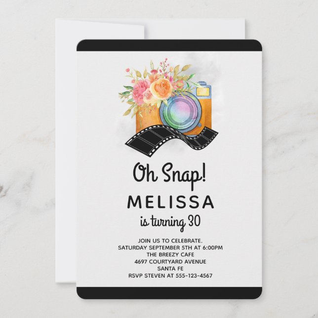 Invitation Appareil photo Boho et fleurs Aquarelle Anniversai (Devant)