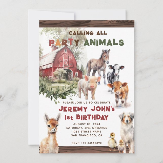 Invitation Appel à tous les animaux de ferme de fête Annivers (Devant)